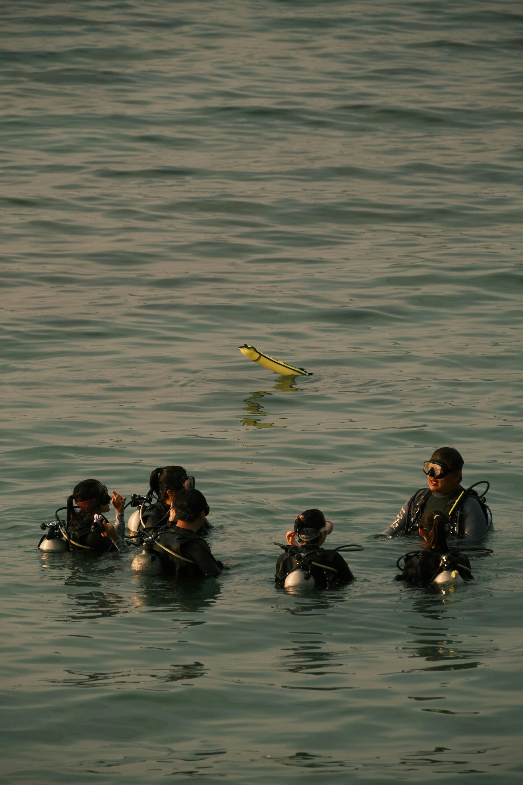 A group of divers in drysuits preparing for an underwater dive in calm ocean waters.